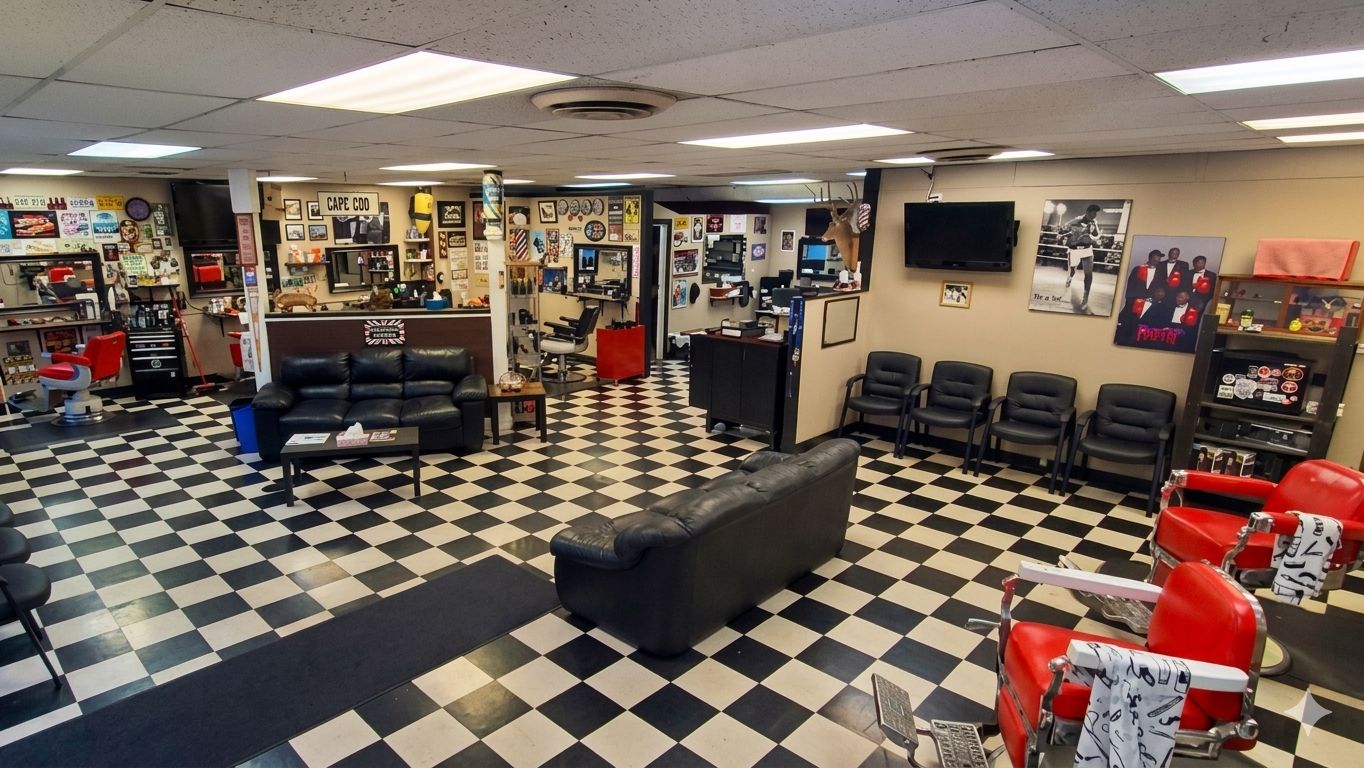 Esquire Barbershop interior — checkered floor, Brandon MB